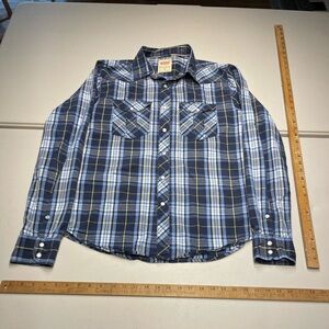 Levi's size Medium (2010) Navy and White Plaid western cut Shirt
